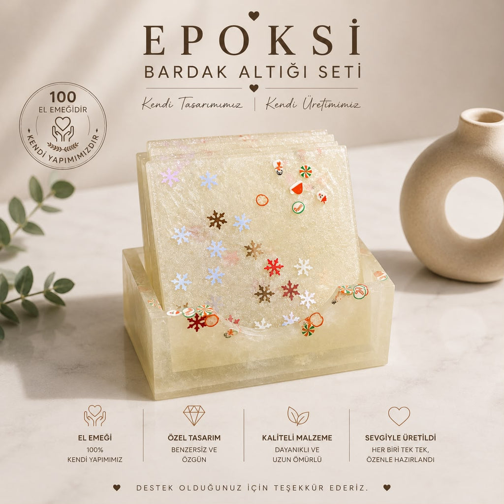 Epoksi Bardak Altlığı Seti (4'lü + Standlı)