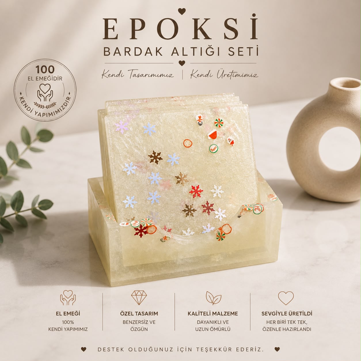 Epoksi Bardak Altlığı Seti (4'lü + Standlı)
