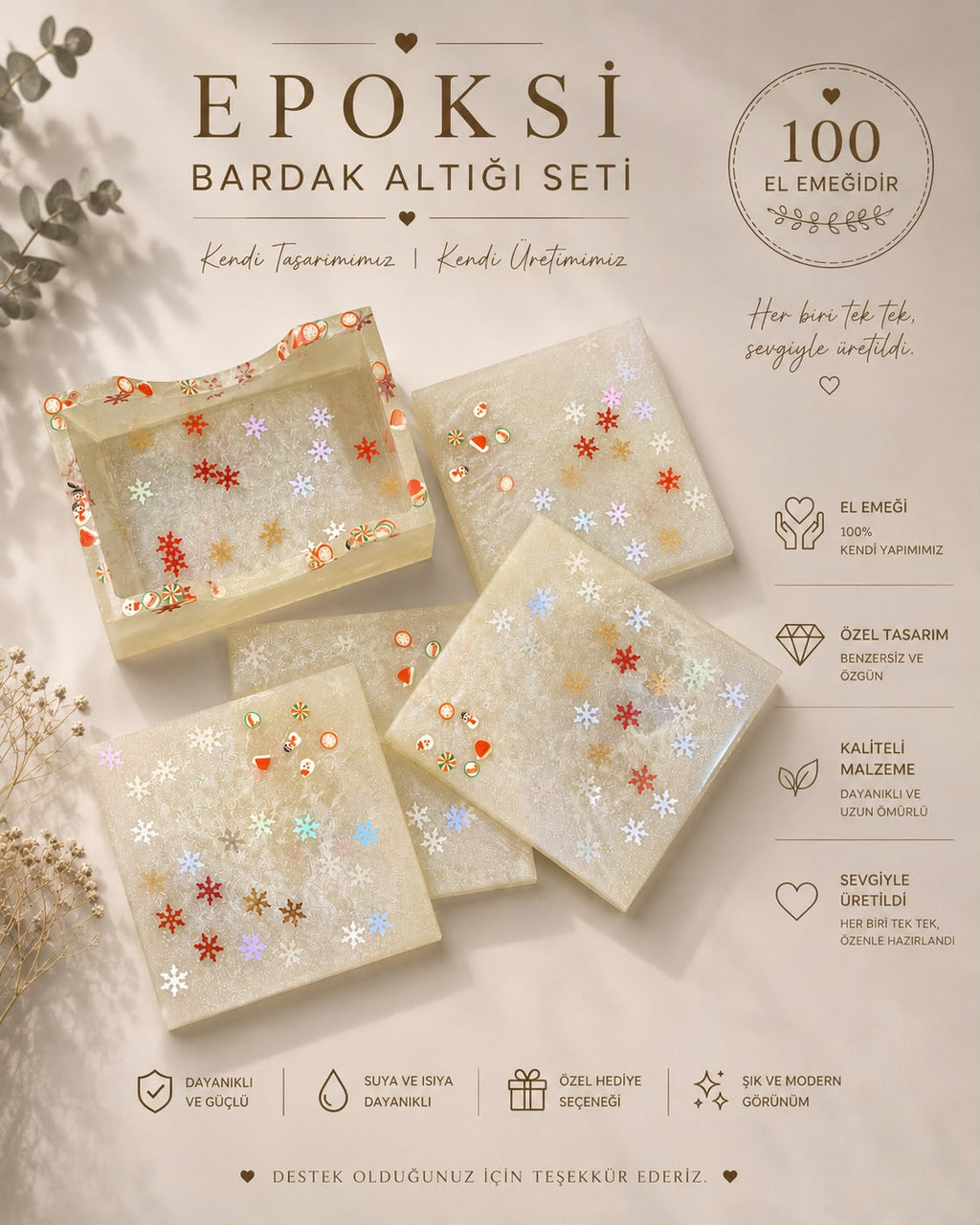 Epoksi Bardak Altlığı Seti (4'lü + Standlı)