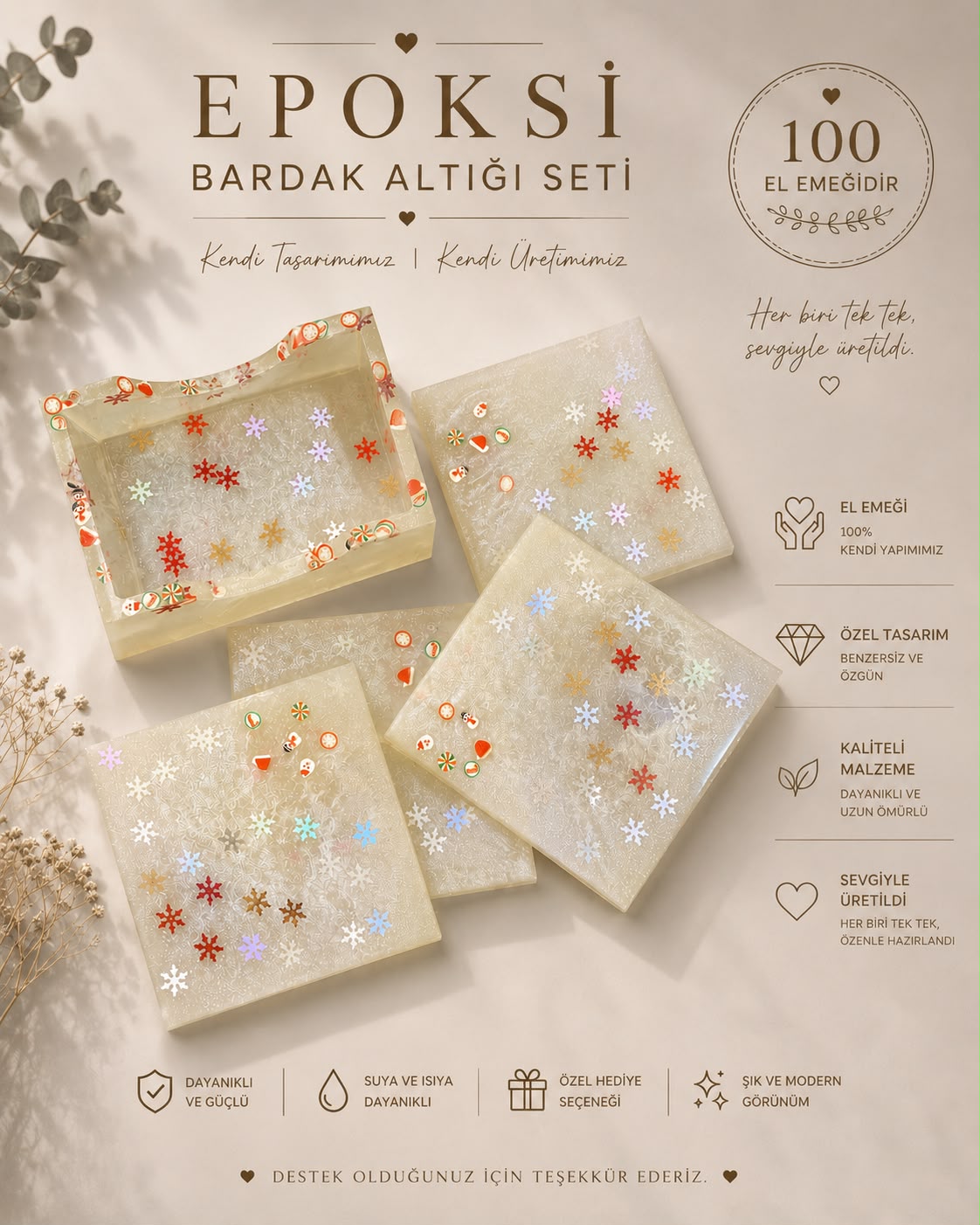 Epoksi Bardak Altlığı Seti (4'lü + Standlı)